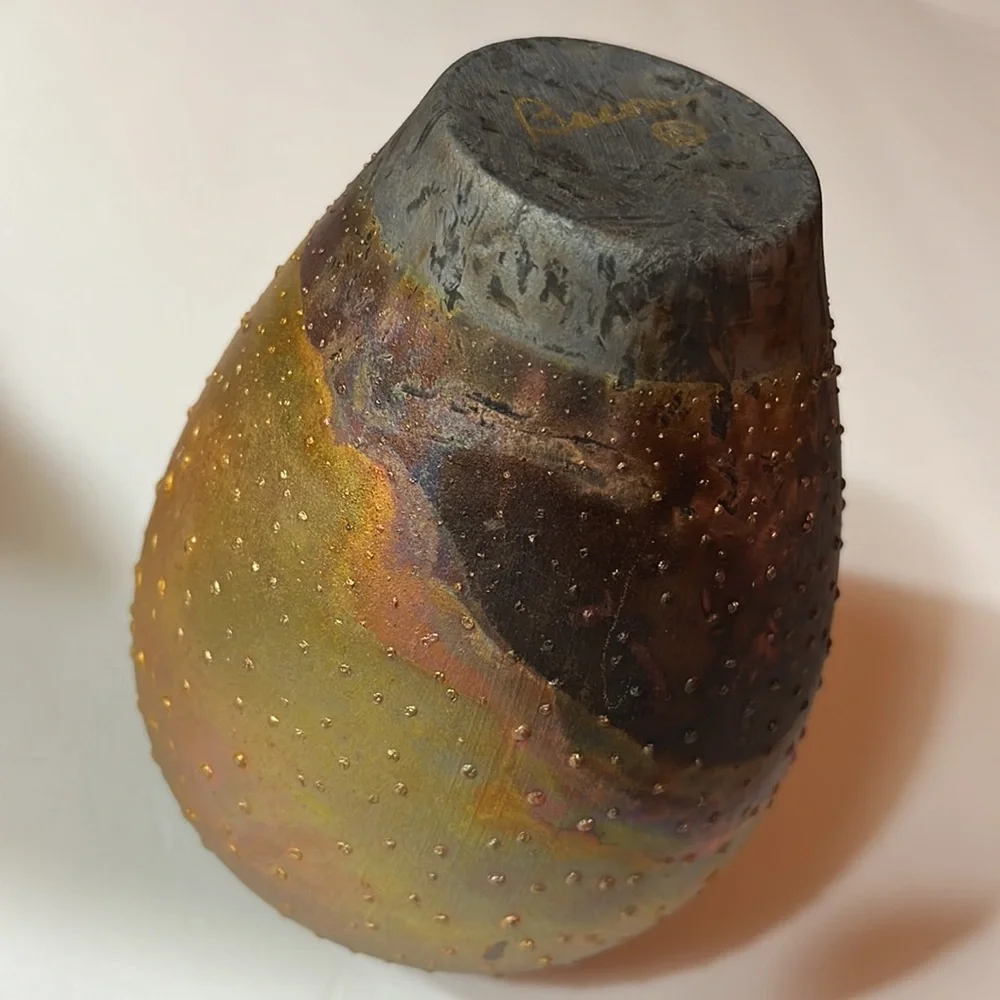 Signed Norman Bacon, Textured Raku Glaze Art Pottery